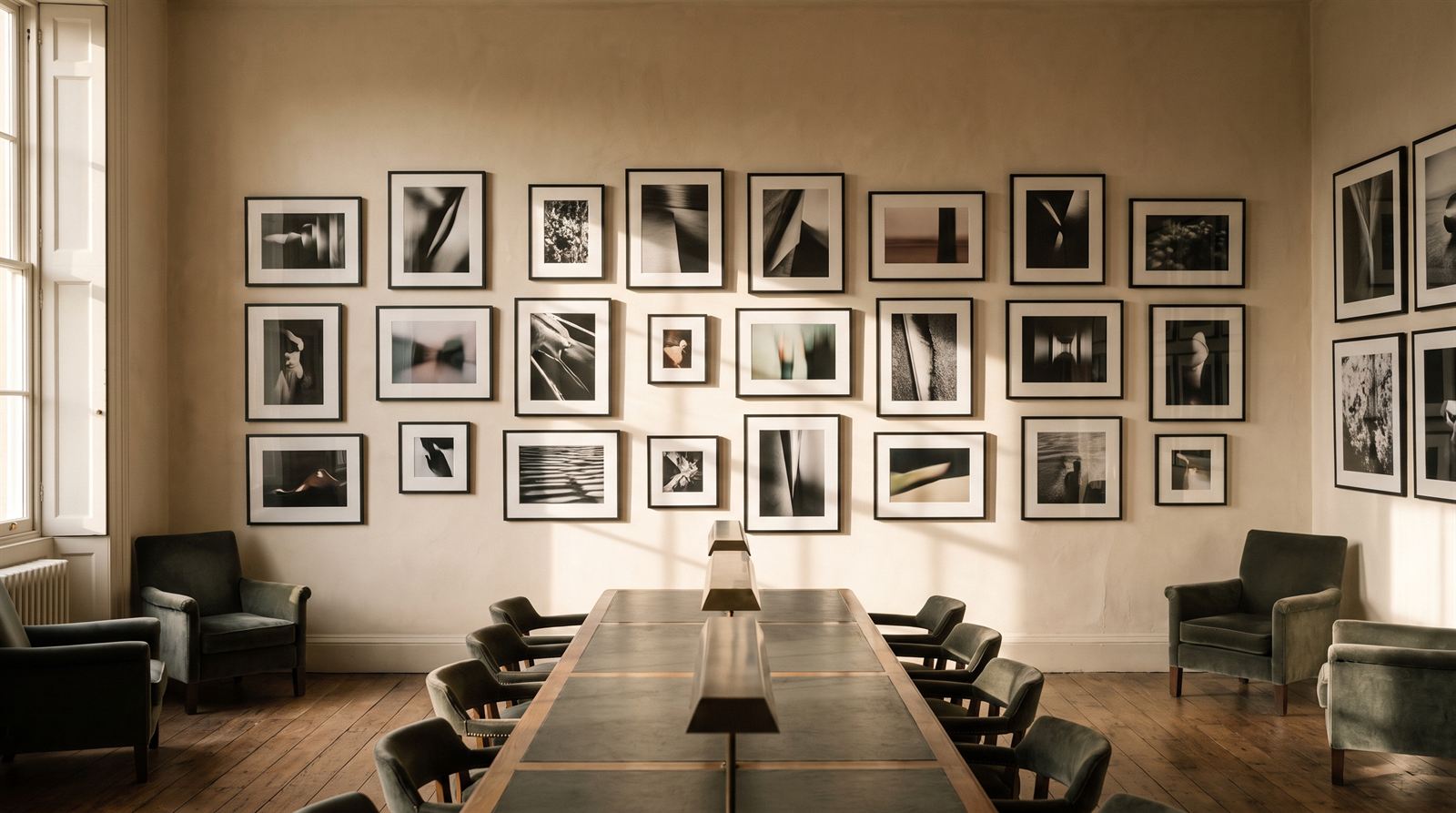 A long wall of framed photographic prints hung salon-style on warm plaster, with raking afternoon sunlight across it.