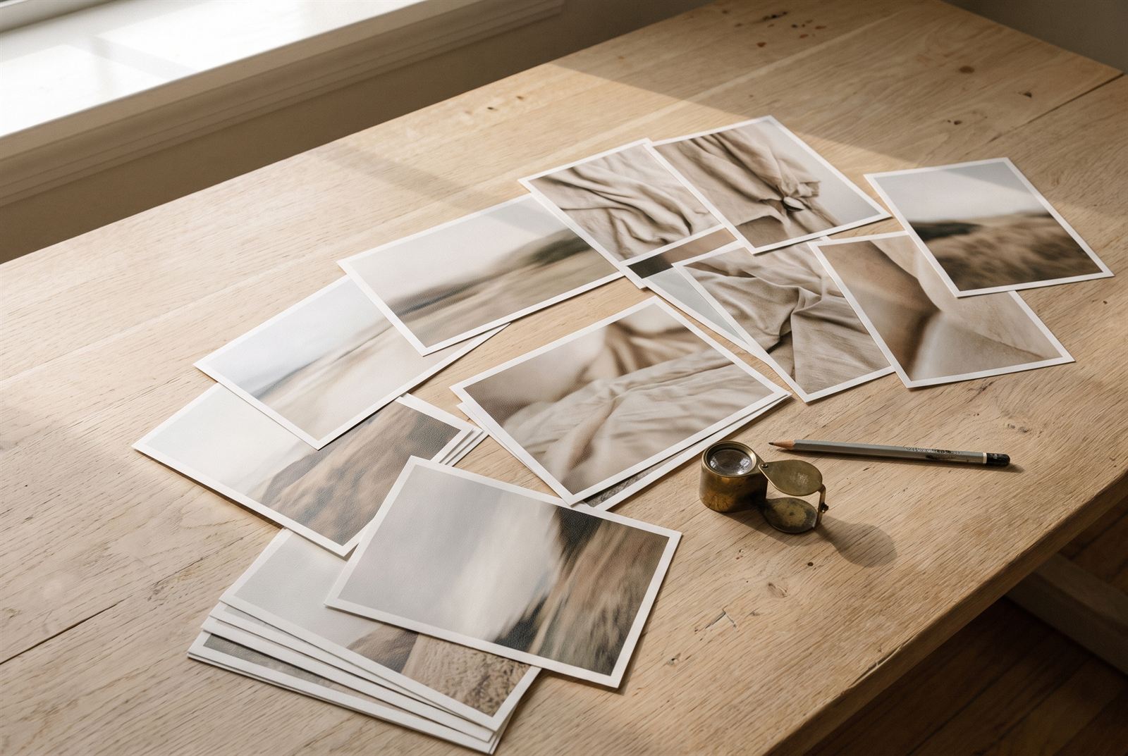 A dozen matte photographic prints spread across a pale oak table as a working edit, in soft daylight.