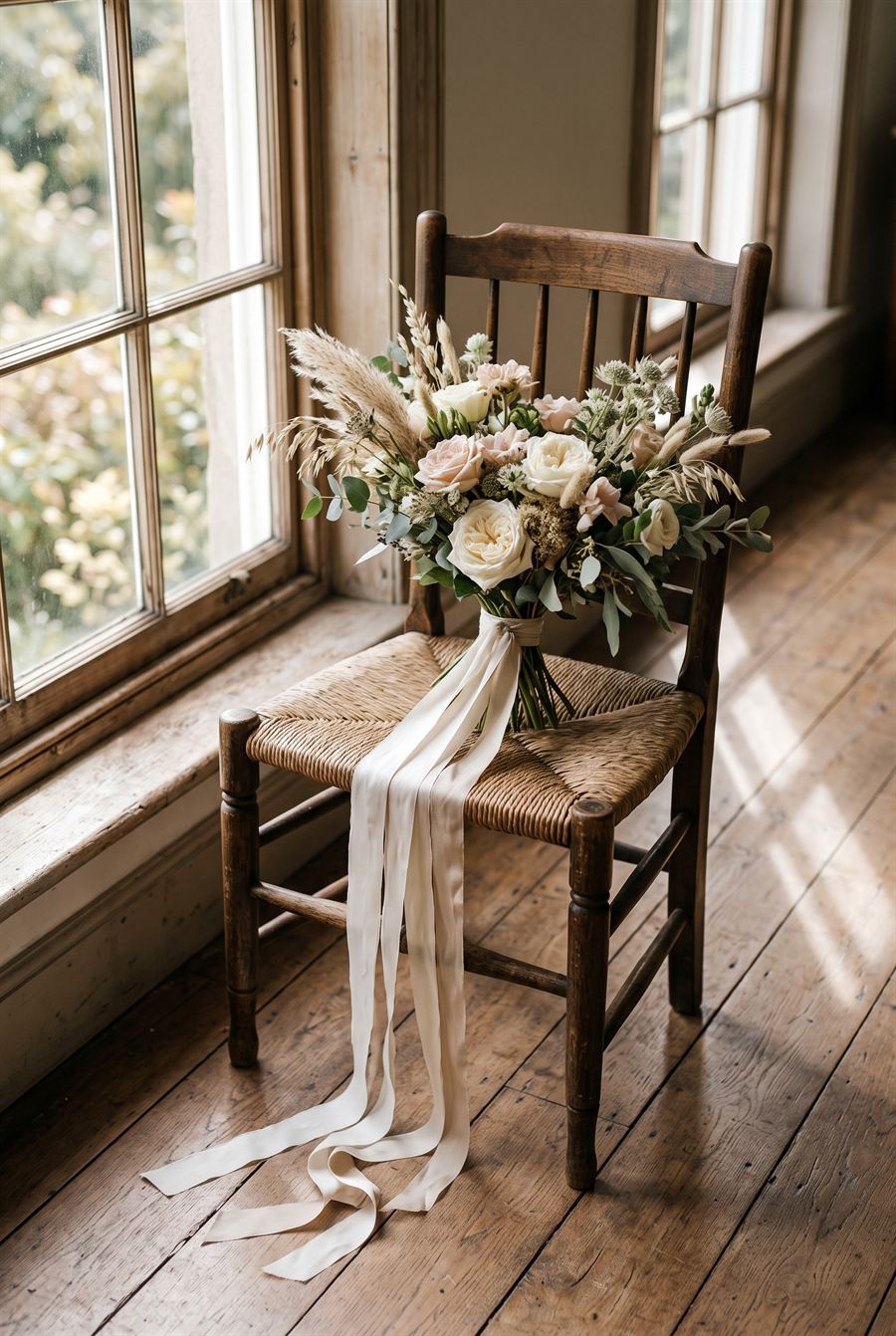 A loose bouquet of cream roses and dried grasses on an antique rush-seated chair beside a window.