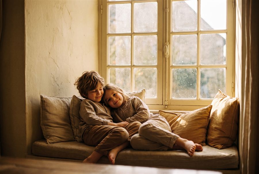 Two young siblings curled up together on a cushioned window seat in warm afternoon sunlight.