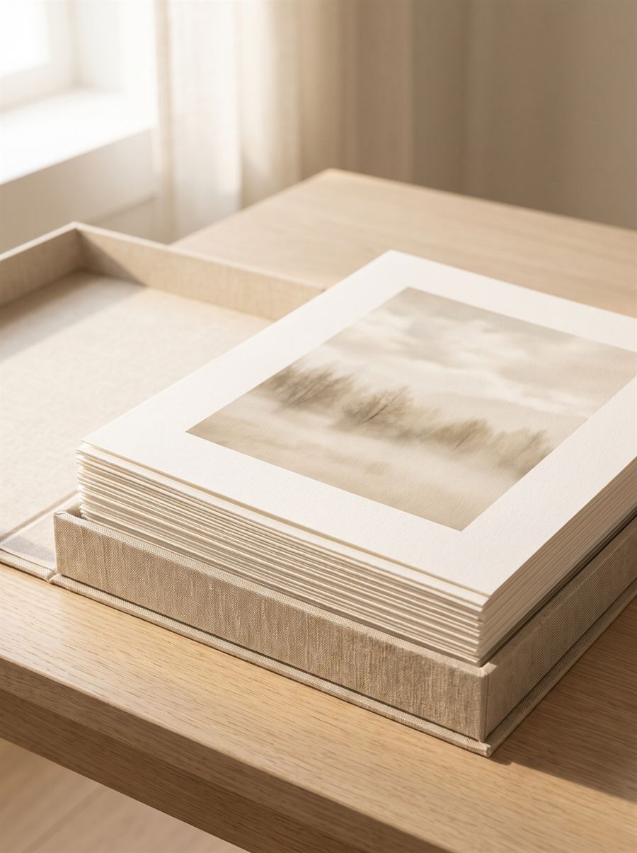 A stack of thick matte fine-art prints in an open linen presentation box on a pale oak table, in soft window light.