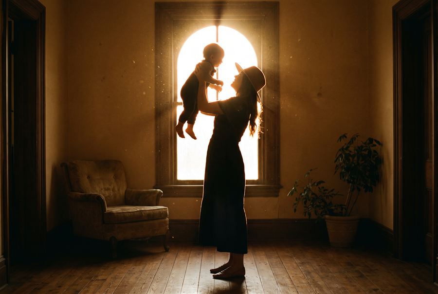 A parent lifting a small child toward a tall arched window, both in warm silhouette against golden backlight.