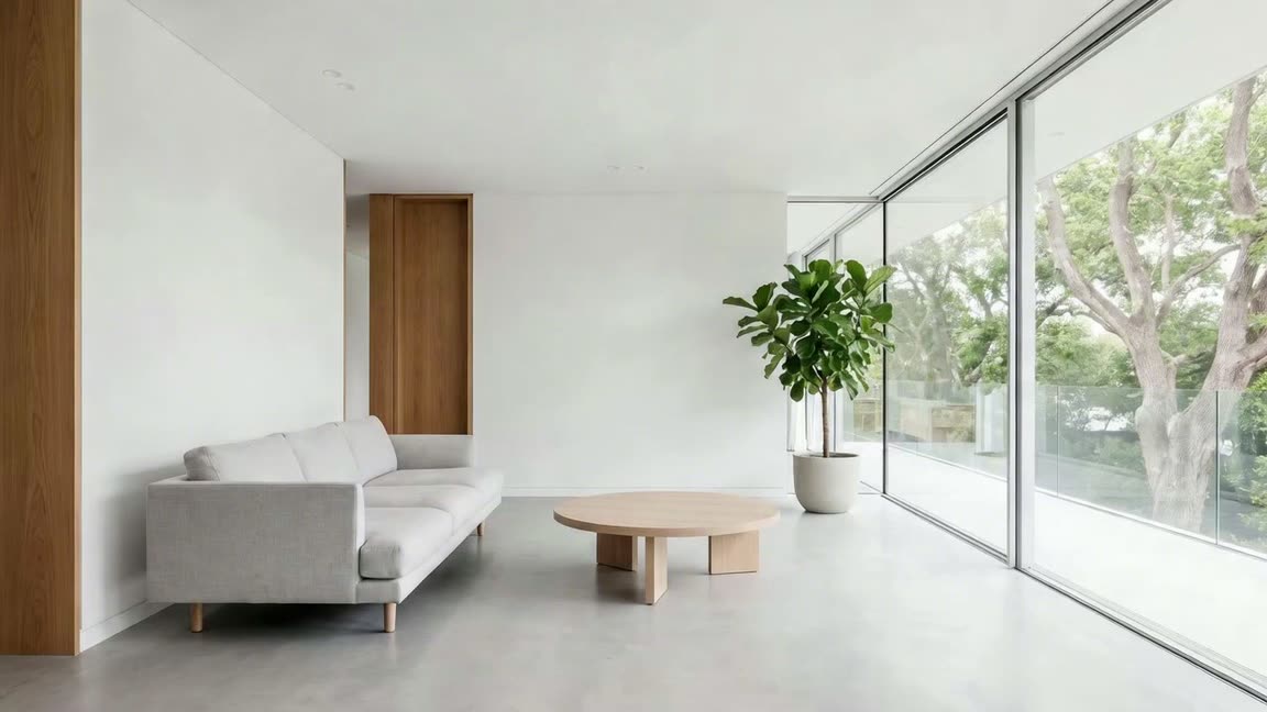 A modern living room with floor-to-ceiling glass overlooking mature trees, in bright daylight.