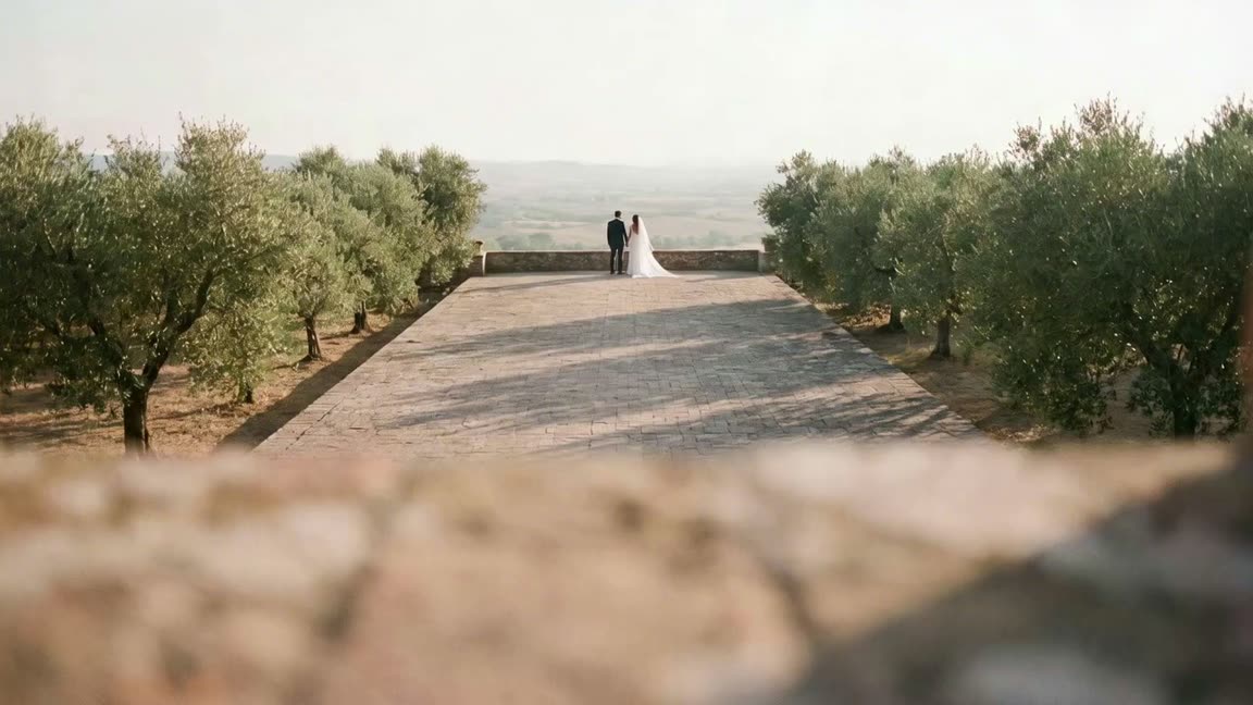 A couple standing at the far end of a stone terrace lined with olive trees in late afternoon light.